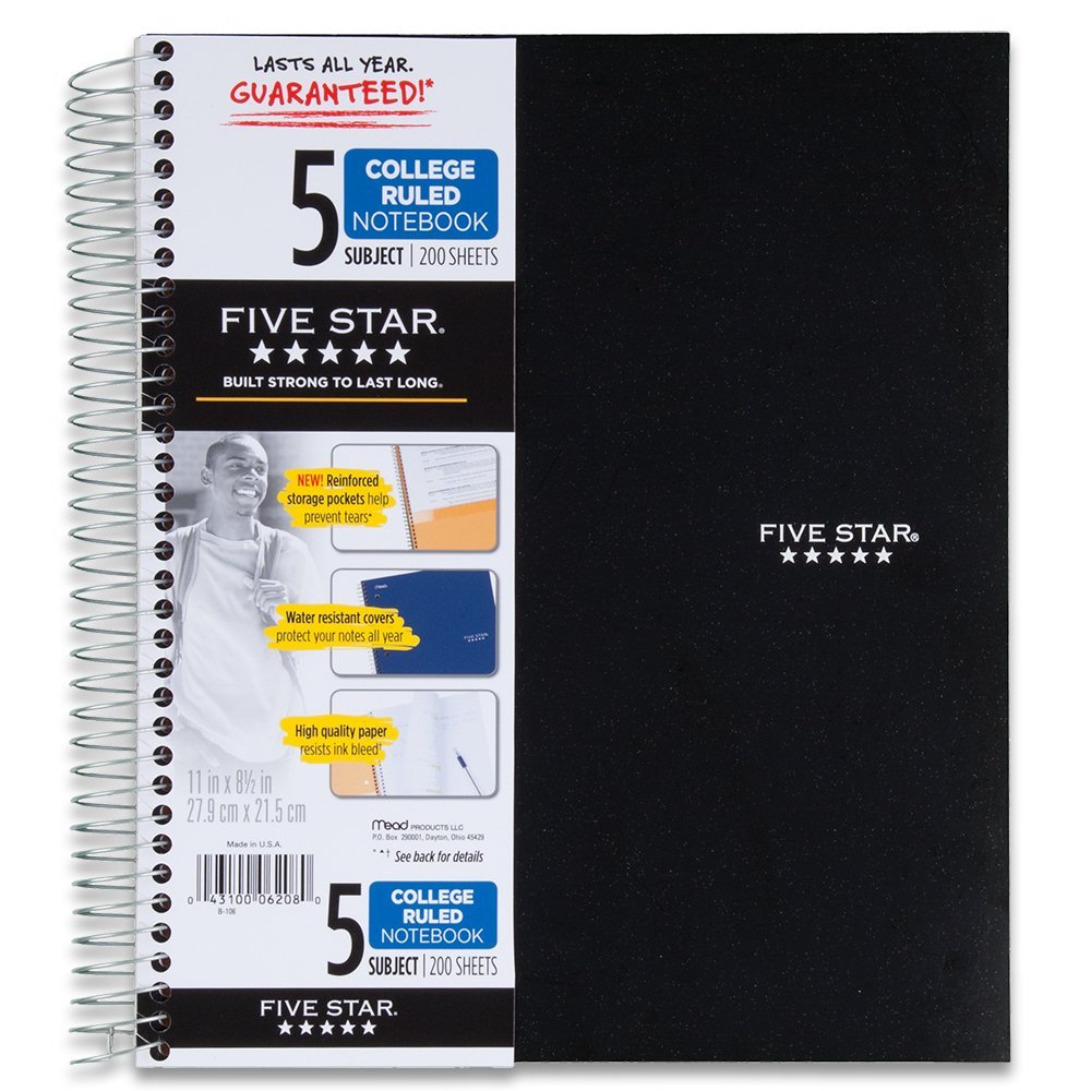 Five Star: Spiral Notebook 5 Subject, 200 College Ruled Sheets